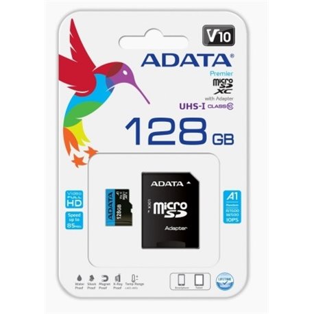 MEMORIA ADATA 128 GB MICRO SD + SD CLASE 10 P/VIDEO HD AUSDX128GUICL10A1-RA1