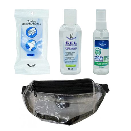KIT ESCOLAR CONTRA COVID PROLICOM GEL ANTIBACTERIAL 60ML SPRAY DESINFECTANTE 60ML TOALLITAS 12PZ CANGURERA