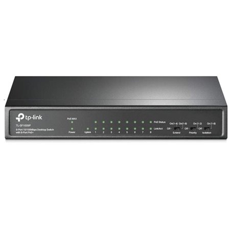 SWITCH TP-LINK TL-SF1009P METALICO 9 PTOS 10/100M (8 PTOS PoE+ 802.3 af/at) MAX 65W MODO PRIORITY EXTENSION CABLEADO