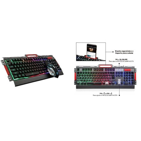 KIT TECLADO Y MOUSE GAMER ALAMBRICO BROBOTIX ILUMINADO COLOR HUMO USB BASE METALICA
