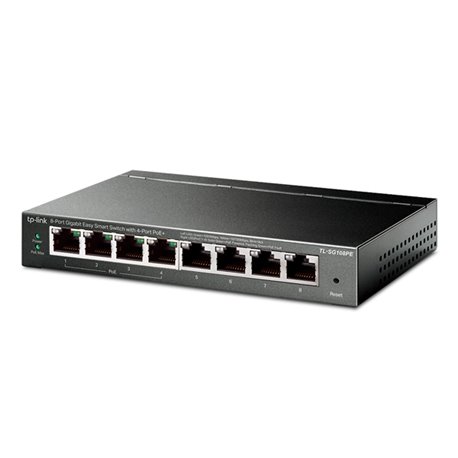 SWITCH INTELIGENTE TP-LINK TL-SG108PE DE ESCRITORIO 8 PTOS GIGABIT 4 PTOS PoE (802.3af) 15.4W x PUERTO 55W MAX CAP