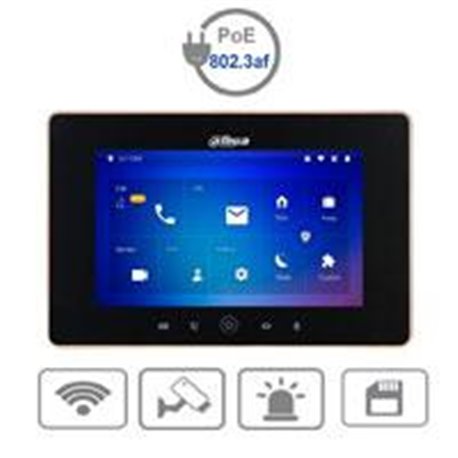MONITOR IP TOUCH DE 7 PULGADAS  DAHUA / CONEXION WIFI Y ETHERNET / POE 802.3AF / SD HASTA 32GB / 32 CAMARAS IP / HASTA 20 FRENTE