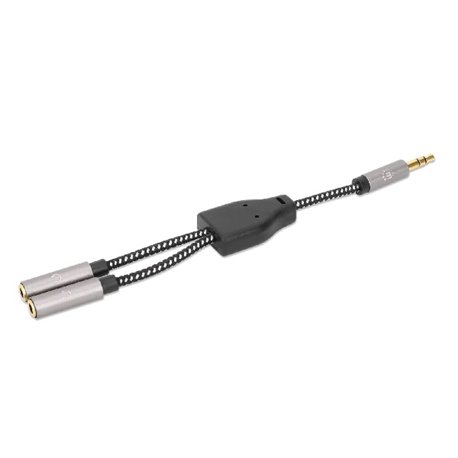 ADAPTADOR MANHATTAN DE AUDIO 3.5MM 1 HEMBRA A 2 MACHO 15CM NEGRO/PLATA