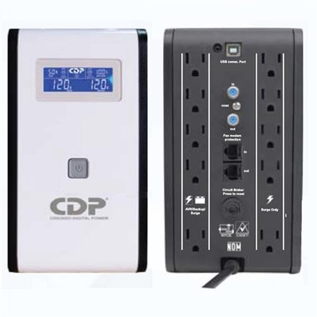 UPS INTELIGENTE CDP R-SMART1010 1000VA/500W LCD 10 NEMA 5-15R (5 PROTECCION BAT) MODEM DSL (RJ11/RJ45)