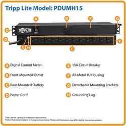 PDU TRIPPLITE PDUMH15 MONOFASICO 1.5kW CON MEDIDOR DIGITAL 120V RACK 1U 13 NEMA 5-15R (12 parte trasera 1 en el frente)
