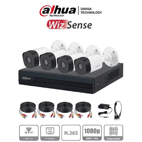 DAHUA KITXVR1B04-I1MP KIT DE 4 CANALES DE 1 MEGAPIXELES /DVR COOPER-I WIZSENSE/CON 1A/ H.265/ 4 CAMARAS B1A11 POLICARBONATO / 4 