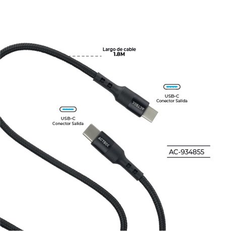 CABLE ACTECK USB C A USB C LINX PLUS CC420 1M CARGA ULTRA RAPIDA HASTA 60W NYLON TRENZADO MACHO MACHO