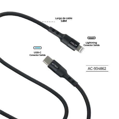 CABLE ACTECK USB C A LIGHTNING LINX PLUS CL420 1M CARGA ULTRA RAPIDA HASTA 27W NYLON TRENZADO MACHO MACHO
