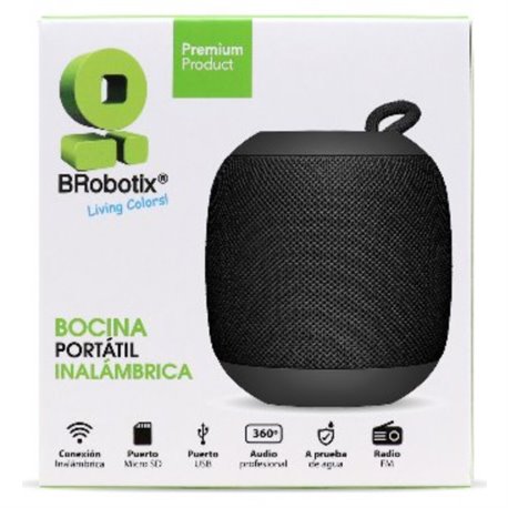 BOCINA PORTATIL BROBOTIX INALAMBRICA 360 BLUETOOTH RADIO FM PUERTO USB MICRO SD NEGRA