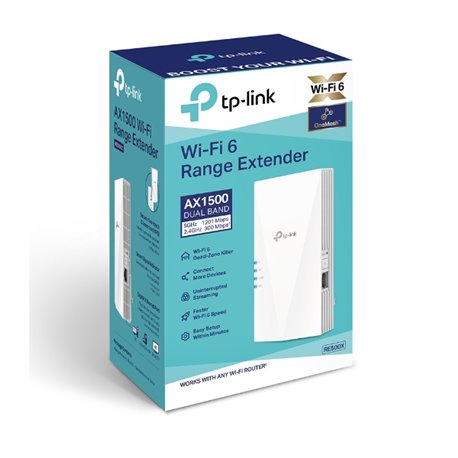 EXTENSOR DE RANGO TP-LINK WI-FI 6 RE500X AX 1500 BANDA DUAL MODO AP 1 PUERTO RJ45 GIGABIT TECNOLOGIA OneMesh
