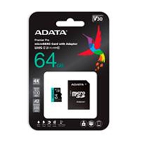 AUSDX64GUI3V30SA2-RA1 MEMORIA ADATA MICRO SDXC/SDHC UHS I 64GB CLASE 10 A2 100MB/80MB SEG V30 C/ADAPTADOR