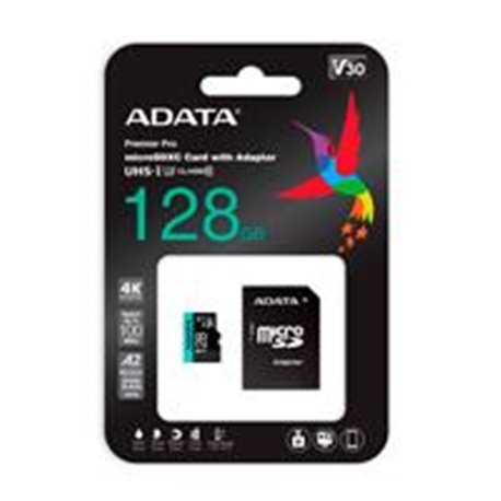 AUSDX128GUI3V30SA2-RA1 MEMORIA ADATA MICRO SDXC/SDHC UHS I 128GB CLASE 10 A2 100MB/85MB SEG V30 C/ADAPTADOR