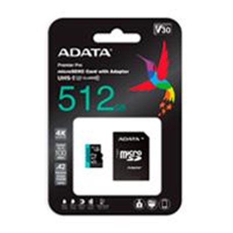 AUSDX512GUI3V30SA2-RA1 MEMORIA ADATA MICRO SDXC/SDHC UHS I 512GB CLASE 10 A2 100MB/85MB SEG V30 C/ADAPTADOR