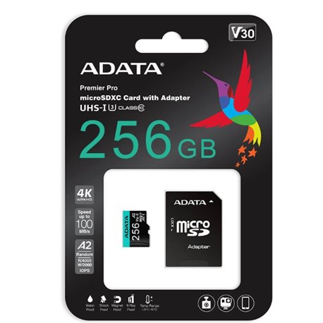 Memoria ADATA 256GB MicroSD HC UHS-I U3 V30S U3 A2 Aqua AUSDX256GUI3V30SA2-R
