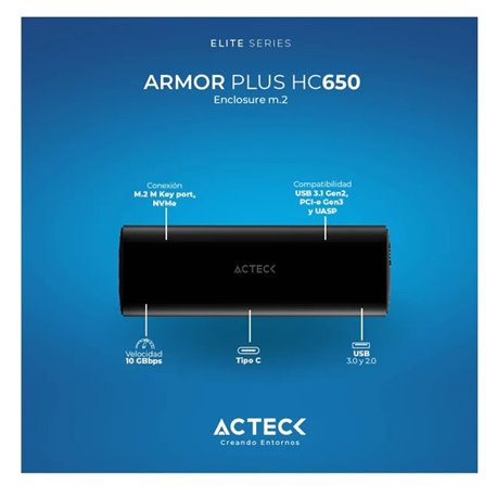 Gabinete Acteck Enclosure SSD Armor Plus HC650 M.2 NVME USB C Gen 2 10 Gbps compatible con 2280/2260/2242/2230 Aluminio Elite Se