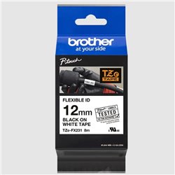 Cinta Brother TZEFX231 Laminada Flexible Texto Negro Fondo Blanco 12Mmx8M