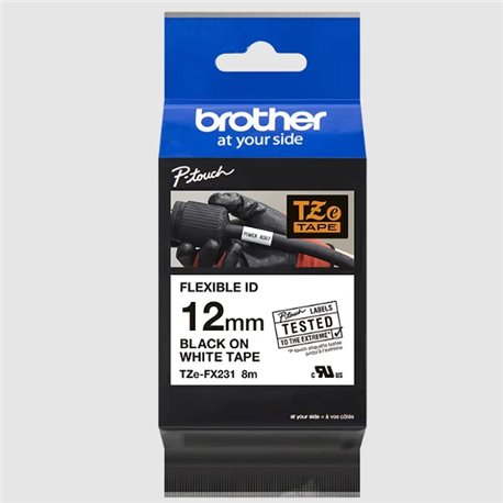 Cinta Brother TZEFX231 Laminada Flexible Texto Negro Fondo Blanco 12Mmx8M
