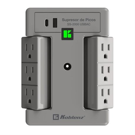 Supresor de picos Multicontacto de pared Koblenz SS-2000 USBAC 6 NEMA 5-15R giratorios 1xUSB-C 35W y 1xUSB-A 2.4A 5Vcc 15A 2000J