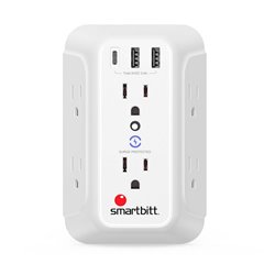 Supresor de picos pared Smartbitt SBSS-BW6-3U 6 NEMA 5-15R 1 x USB-C 5V-3A y 4 x USB-A 5V-2.4A material retardante contra fuego