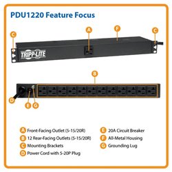 PDU básico TrippLite PDU1220 monofásico 2.4kW 120V rack 1U con 13 NEMA 5-15/20R (1 frontal y 12 en parte trasera)