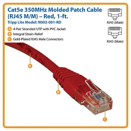 Cable patch UTP TrippLite N002-001-RD CAT 5E rojo 30.48 cm (1 pie) PoE RJ45 M/M Moldeado 350 MHz