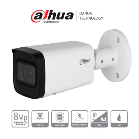 Camara Dahua DH-IPC-HFW2841T-ZS IP bullet 8 mpx motorizado IR 60 m 113 gds proteccion perimetral E&S de alarma audio IP67