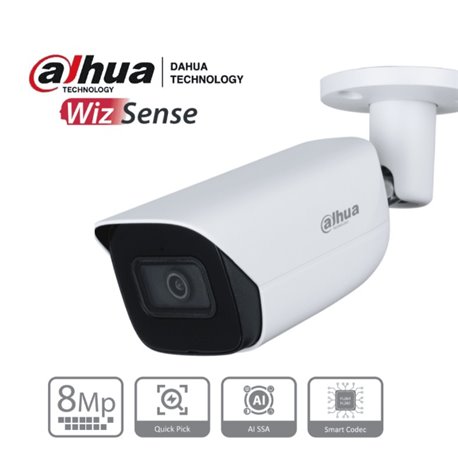 Camara Dahua DH-IPC-HFW3841E-AS-S2 IP bullet 8 mpx lente 2.8 mm metalica exterior 107 gds wizense IA microfono integrado audio P