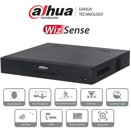 NVR Dahua DHI-NVR4432-16P-EI 8 mpx 4 k 32 canales IP 16 puertos PoE rendimiento 256 mbps 4 bahias de discos duros 1 canal de rec