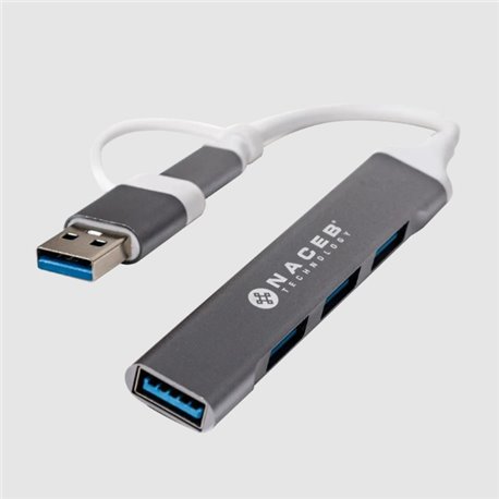 NA-0124 Adaptador HUB Naceb USB tipo C/A 4 puertos color Plata