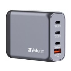 32202 Cargador de pared Verbatim GaN de 100W combina dos puertos USB-C PD 100 W, un puerto USB-C PD 65 W y un puerto USB-A QC 3.