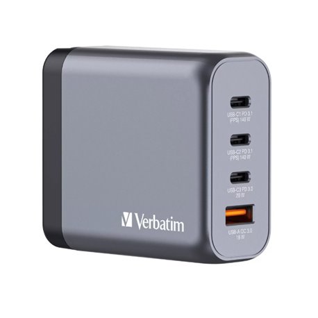 32203 Cargador de pared Verbatim GAN de 140 W combina dos puertos USB-C PD 140 W, un puerto USB-C PD 20 W y un puerto USB-A QC 3