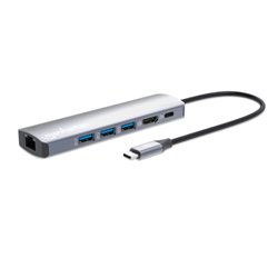 153959 Docking Manhattan USB-C con Hub, 1xHDMI 3xUSB A 1xUSB C Delivery (100 W) 1xRJ45 aluminio plateado