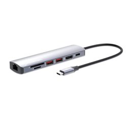 153966 Docking Manhattan USB C 1xHDMI 2xUSB A 1xUSB C Power Delivery (100 W) 1xRJ45 lector de tarjetas SD/microSD aluminio plata
