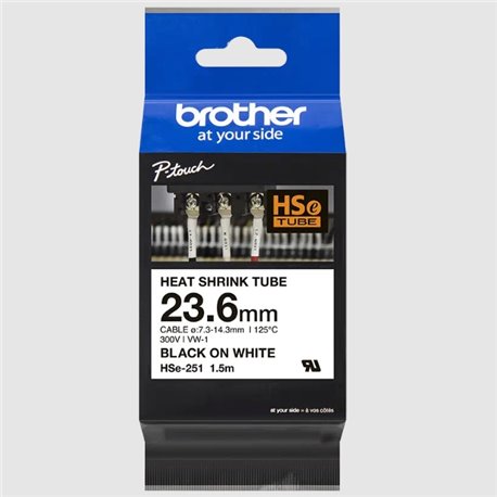 HSE251 Cinta Brother HSE251 negro sobre blanco termorretractil 23.6mm x 1.5m para PTE300 PTE550W PTP950NW