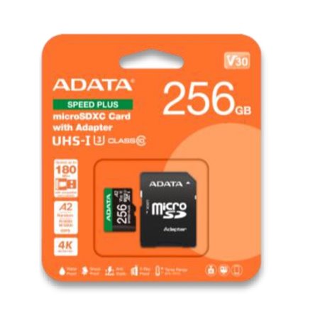 UD256GUI3V30A2SP-RA1 Memoria ADATA 256GB MicroSD Speed Plus con adaptador SD clase 10 A2 U3 V30 180MB/s