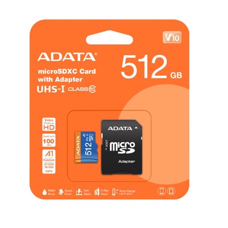 AUSDX512GUICL10A1-R Memoria ADATA 512GB MicroSD Premier con adaptador SD clase10 A1 U1 V10 100MB/s