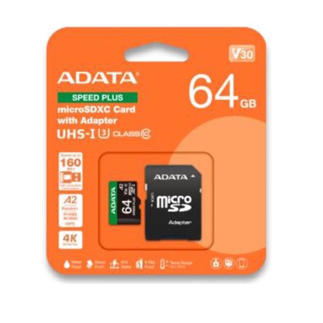 UD64GUI3V30A2SP-RA1 Memoria ADATA 64GB MicroSD Speed Plus con adaptador SD A2 U3 V30 160MB/s