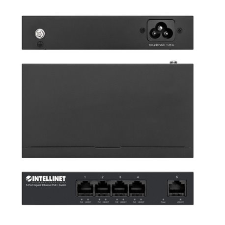 561792 Swicth Intellinet 5 Puertos PoE+ Gigabit presupuesto de energia PoE de 40W escritorio, opcion de montaje en pared