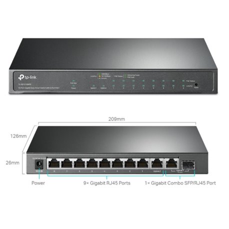 TL-SG1210MPE Switch TP-Link TL-SG1210MPE metálico 9 puertos gigabit (8 puertos PoE+ 802.3af/at max. 123W) 1 puerto combo SFP/RJ4