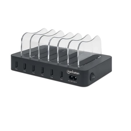 Estacion de carga Manhattan con 6 puertos USB-A 5v 2.4Ah cada uno Dimensiones 185x130x31 mm Modelo 102254