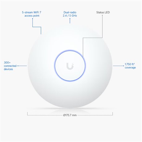 Punto de accesos Ubiquiti U7-LR Long-Range WiFi 7 Doble Banda para Interiores con Cobertura de Hasta 160 m² y Soporte para Hasta