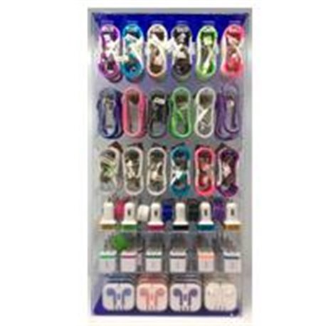 EXHIBIDOR DE 90 PIEZAS MARCA ICON, TECHZONE 15 CUBOS, 15 BALAS, 16 AUDIFONOS, 44 CABLES IPHONE, MICRO, TIPO C, IC18EXH01