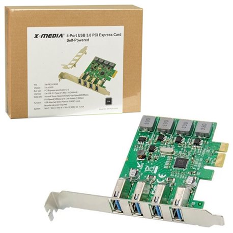 TARJETA PCI EXPRESS X-MEDIA XM-PEX-U304S 4 PUERTOS SUPERSPEED USB 3.0 TRANSFERENCIA HASTA 5Gbps X PUERTO