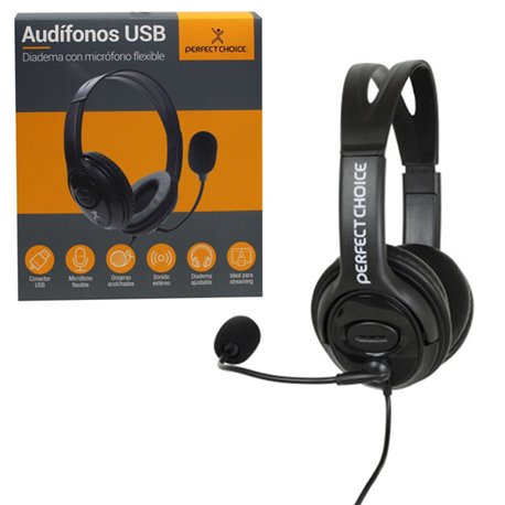 AUDIFONO DIADEMA ALAMBRICO PERFECT CHOICE C/MICROF FEXIBLE USB