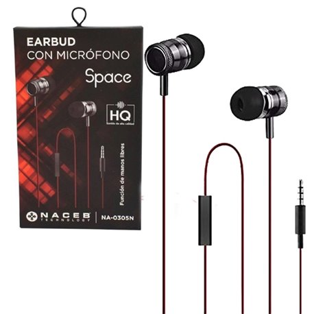 AUDIFONO IN-EAR ALAMBRICO NACEB SPACE NGO/ROJO 3.5MM C/MICROF 1.2MTS